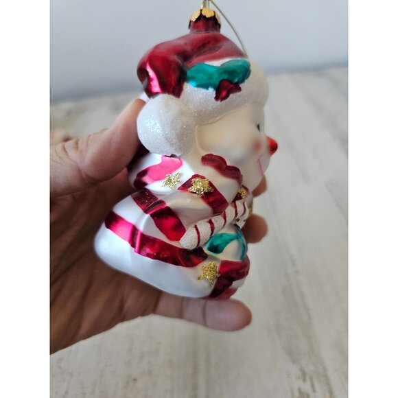 Glass snowman present peppermint red glitter ornament Xmas tree - Picture 7 of 10